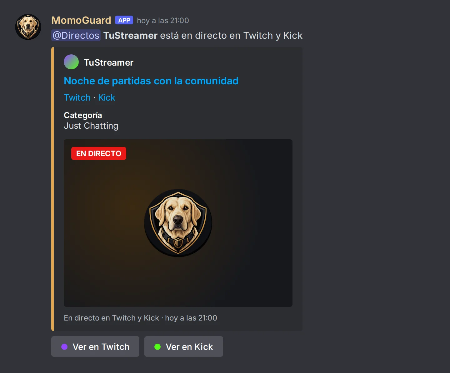 Aviso de directo de MomoGuard en un canal de Discord